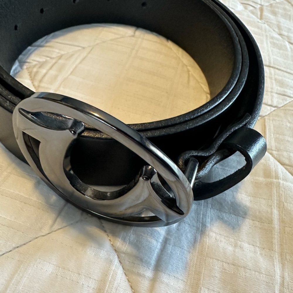 True Religion Black Leather Belt w/ Silver Double-Ring Buckle